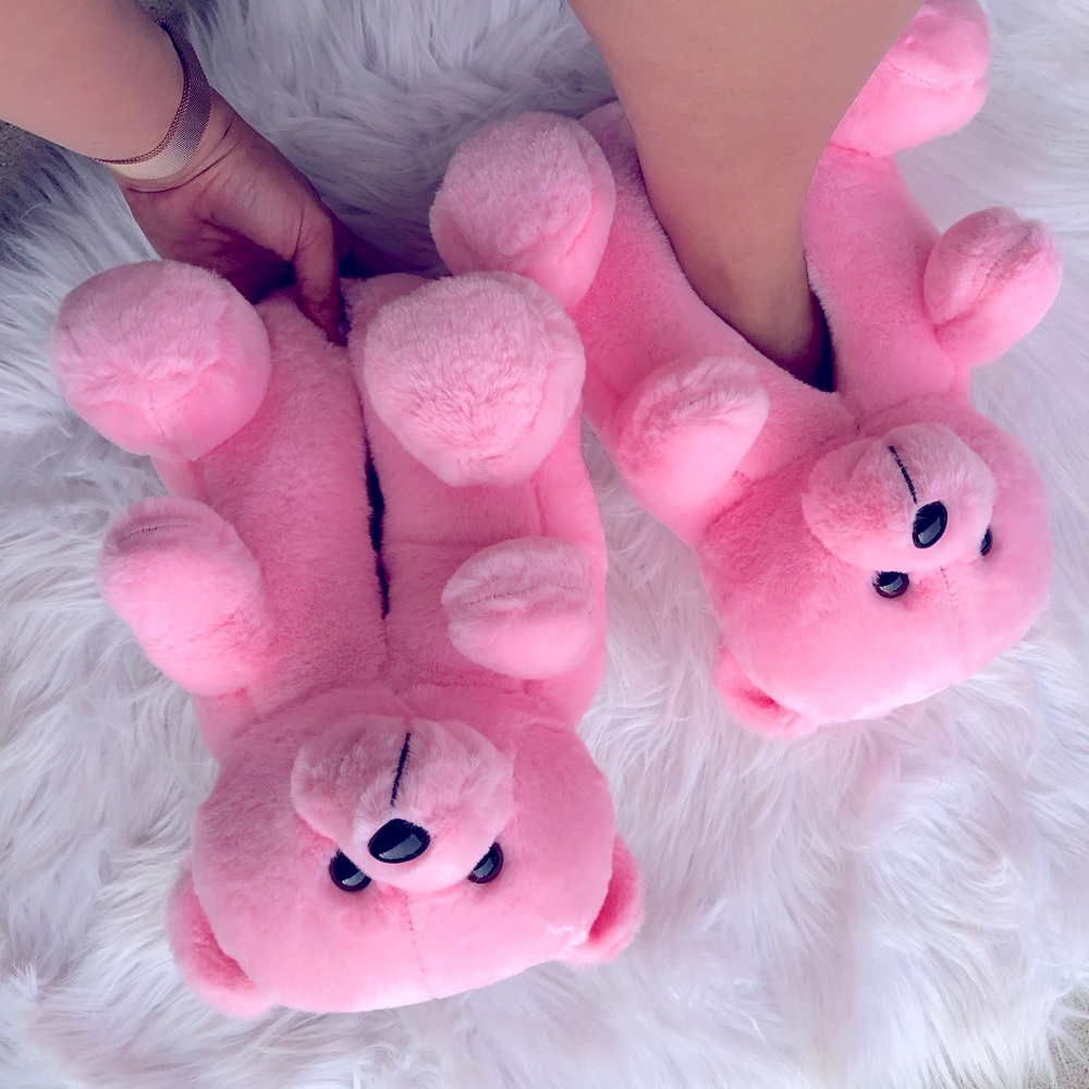 Pink Teddy Bear Plush Indoor Outdoor Slippers - Picture 11 of 11
